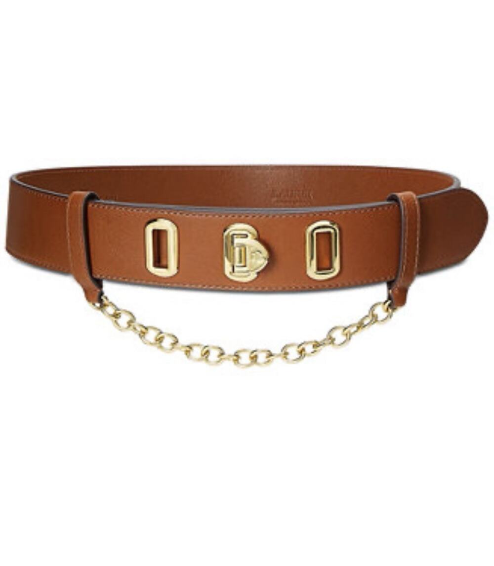 NWT Lauren Ralph Lauren Brown Leather Gold Chain Turn-Lock Belt XXL 2XL